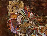 Egon Schiele Canvas Paintings - Edge of Town Krumau Town Crescent III
